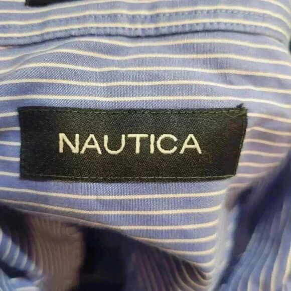 Nautica Men's Power Blue White Striped Cotton Dress Shirt - Picture 7 of 10
